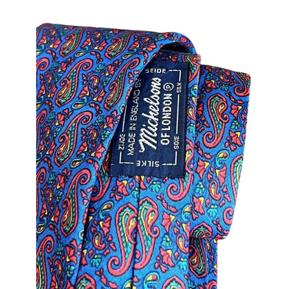 Michelsons Of London Men’s Silk Burgundy Tie Blue Paisley Bright Flowers 55x2.75