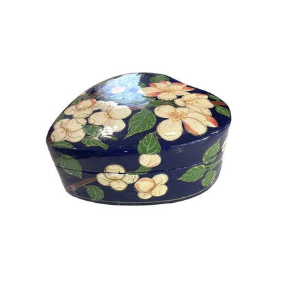 Vintage Cream Blue Floral Heart Hand Painted Paper Mache Trinket Box 3”-India