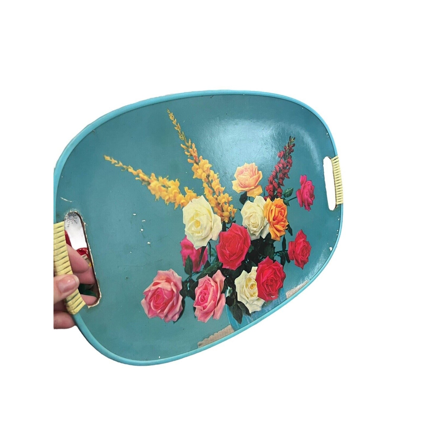 Vintage Serving Tray MCM Floral Roses Wrapped Handles Bouquet Bright Japan