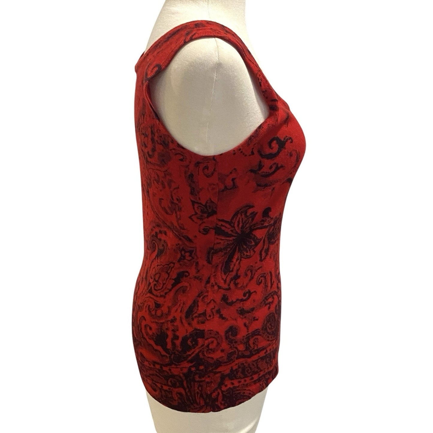 100% Cashmere Red Sleeveless Sweater Tank Top Black Floral Design