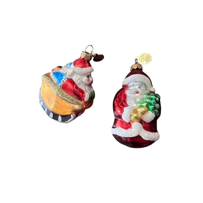 Dept 56 Blown Glass Christmas Ornament Santa Claus Sleigh Set Of Two 2.5”