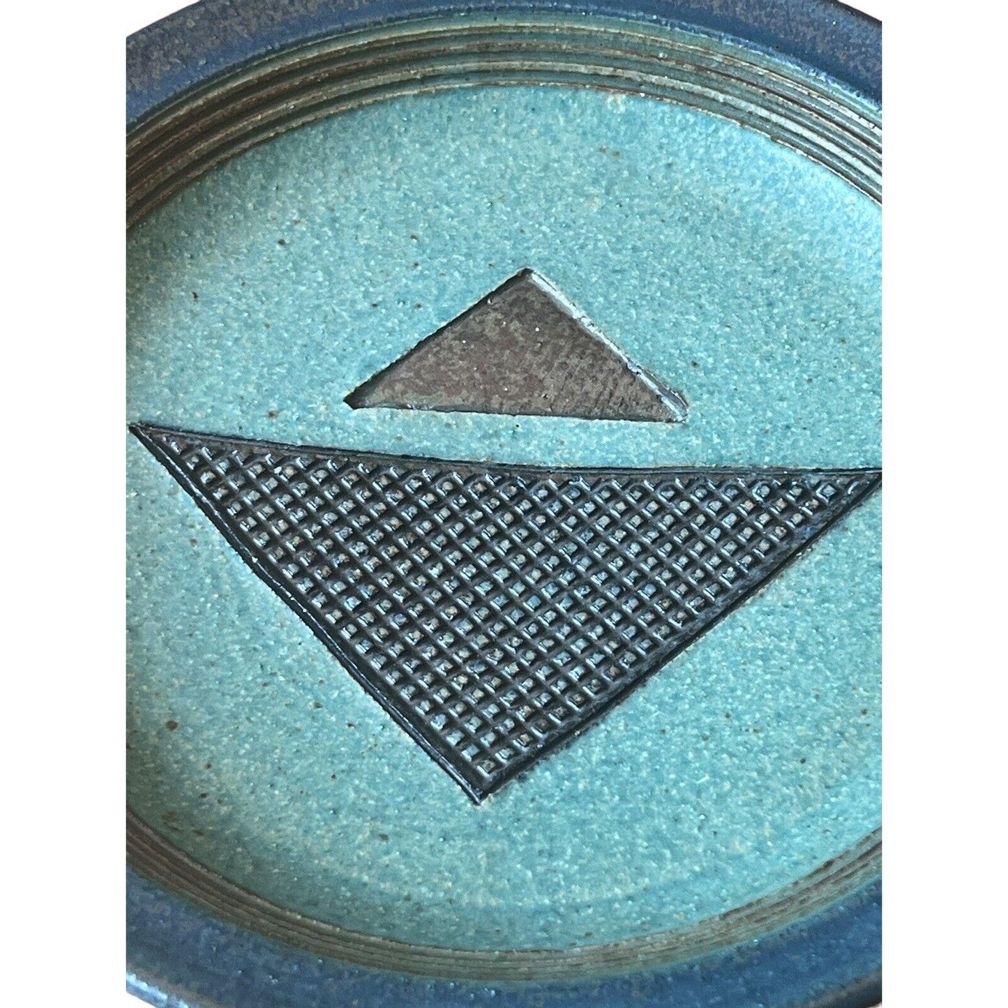 Signed Linda Sheard Pottery Blue Teal Plate Geometric Earth Glaze Handmade