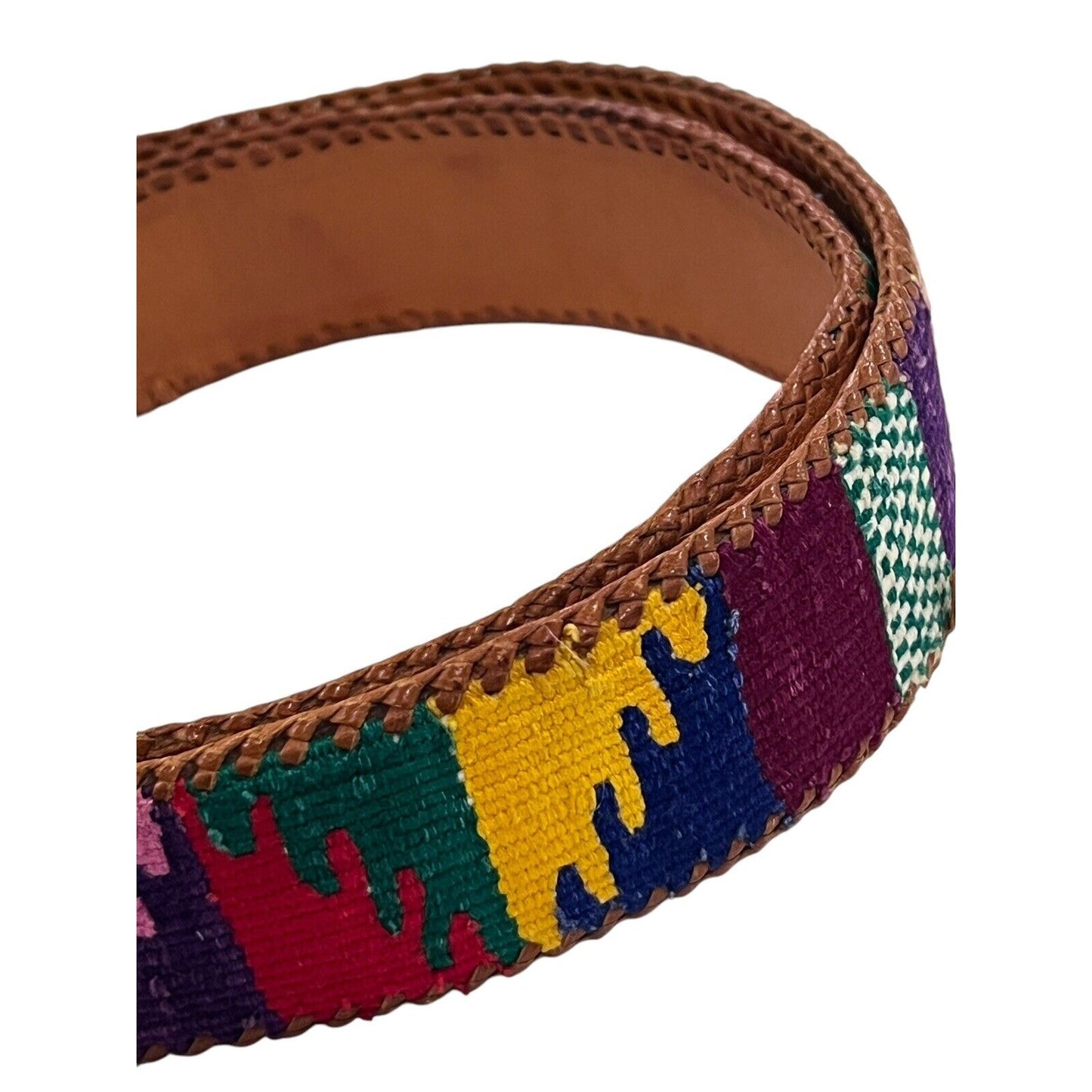 Size 34 Handmade Woven Multi Colored Tapestry Brown Leather Belt Boho Western