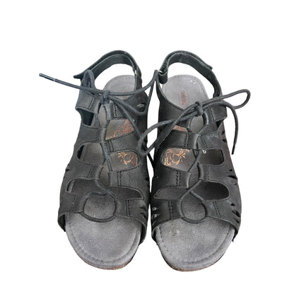 AETREX Women's Giselle Black Leather Lace Up Wedge Sandals Cut Outs Sz 10/41