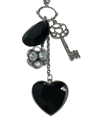 Silvertone Charm Necklace Black Charms Key Heart 28" Lobster Clasp