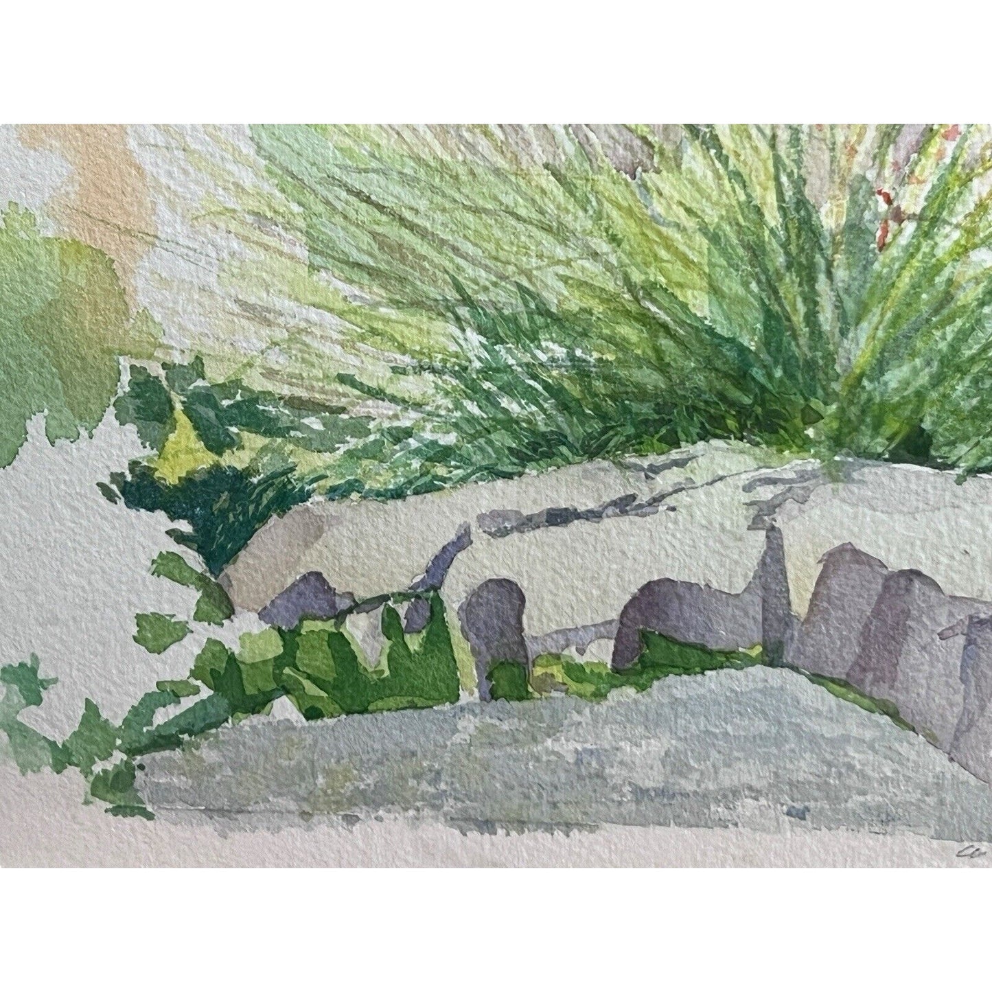 Signed Original Watercolor Painting Framed Zen Landscape Garden Rock Flowers