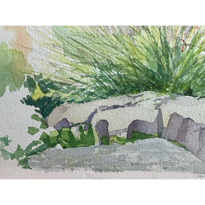 Signed Original Watercolor Painting Framed Zen Landscape Garden Rock Flowers
