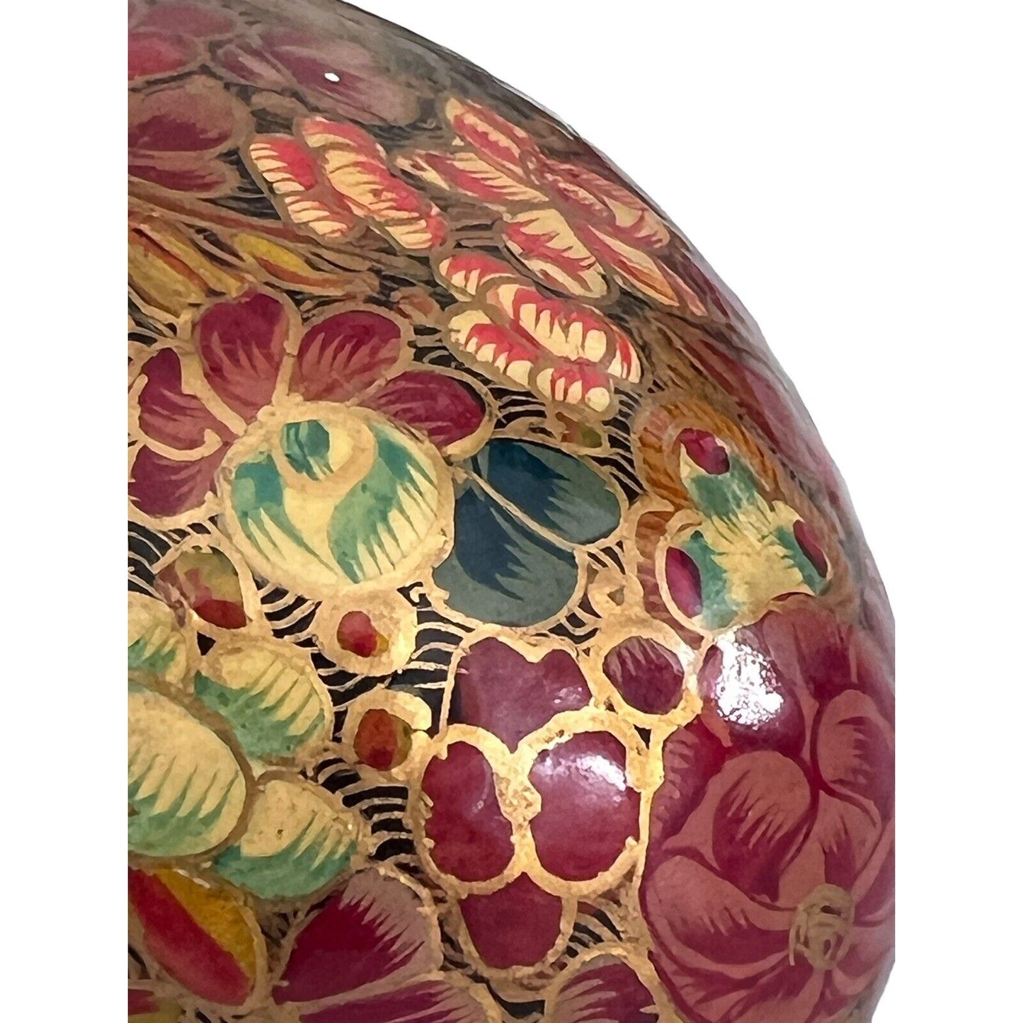Floral Egg Kashmir India Boudoir Jewelry Ring Box Hand Painted Paper Mache Vtg