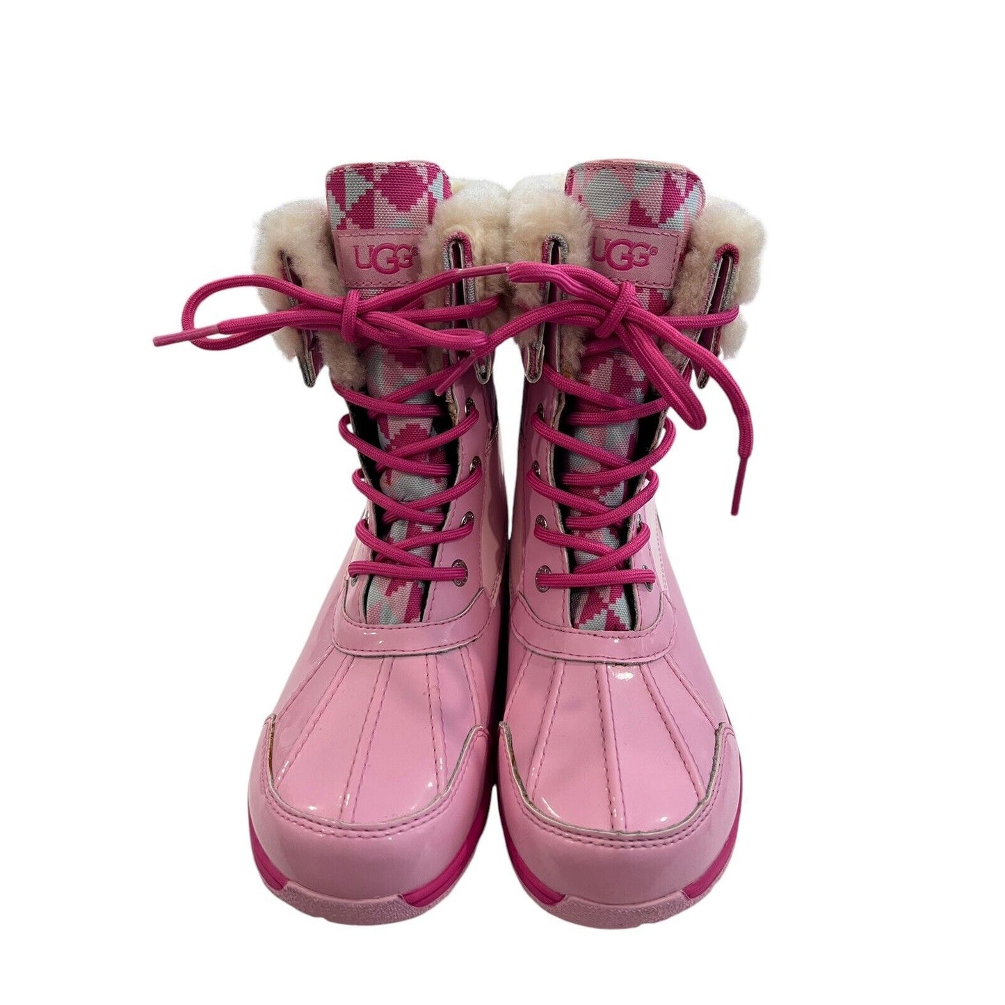 Size 5 Ugg Butte Mono Womens Lace Up Fur Lined Mid Calf Boot Pink EUC