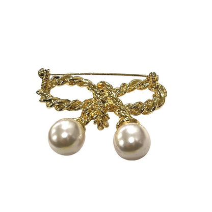 Vintage Gold Tone Faux Pearl Braided Bow Pin Brooch Rope