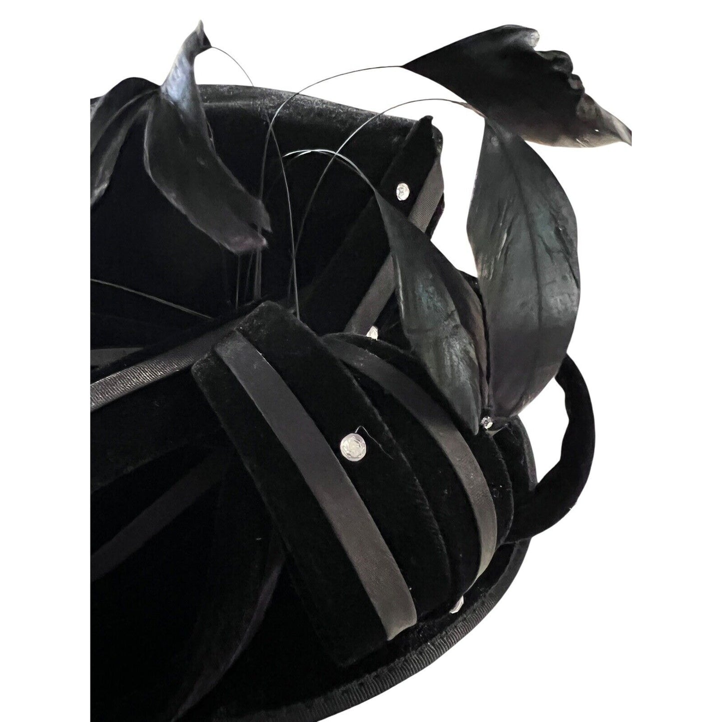 Swan Hat New York Ladies Black Velvet Rhinestone Bow Feathers Costume Regency