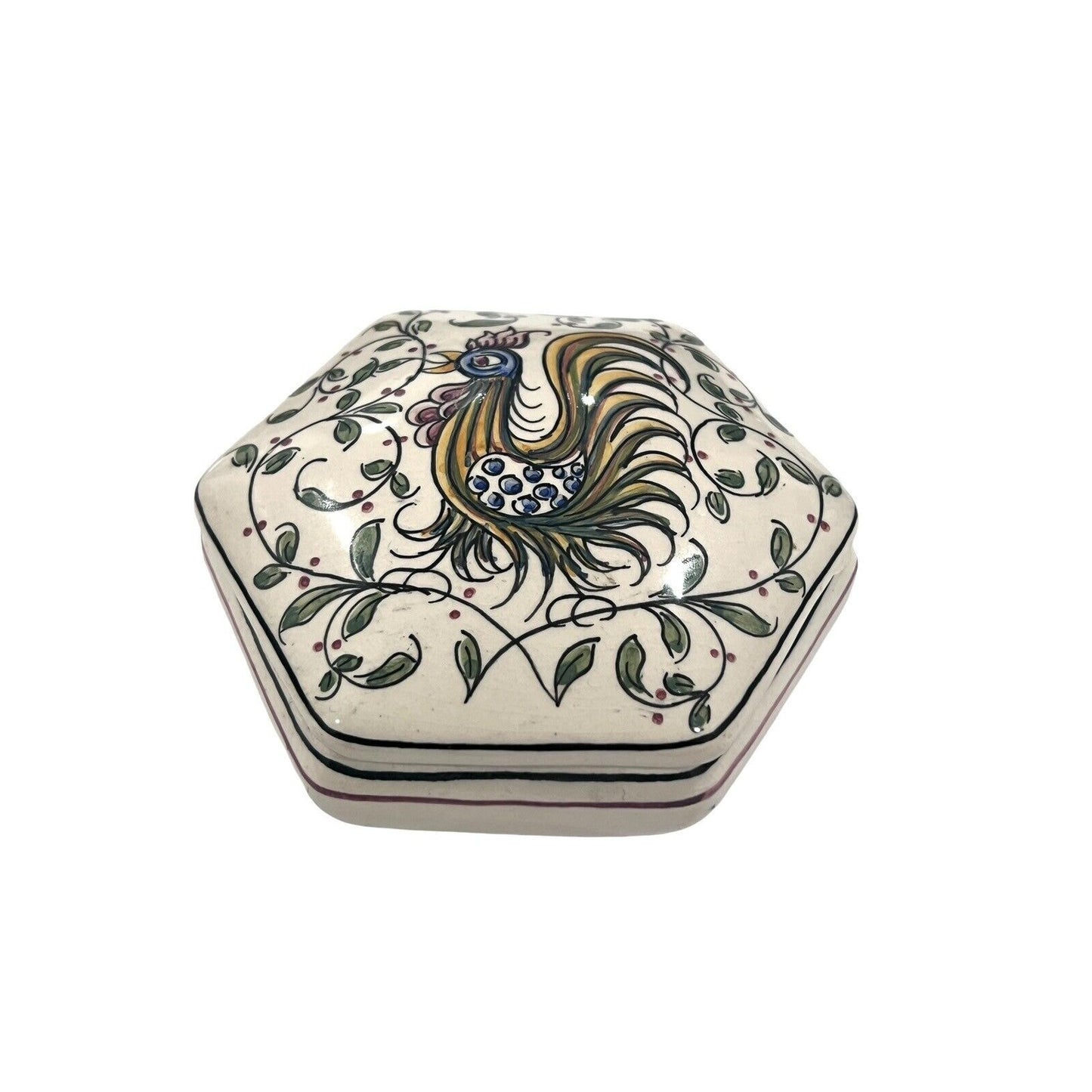 Vintage Portugal hand painted pottery signed Trinket Box Bird & Flowers Hexagon