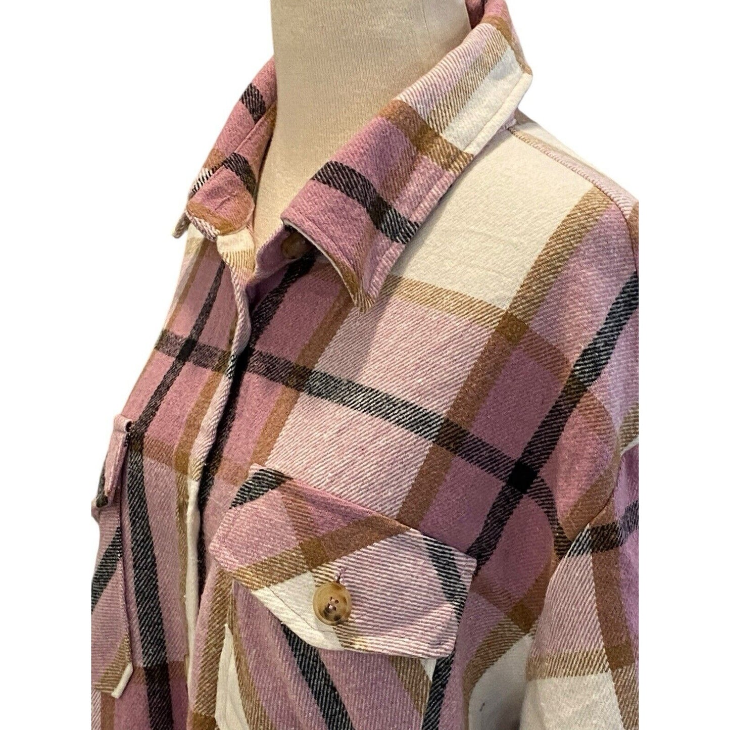 Size Large Jodifl Plaid Flannel Shacket Pink Brown Button Up Shirt Gorpcore