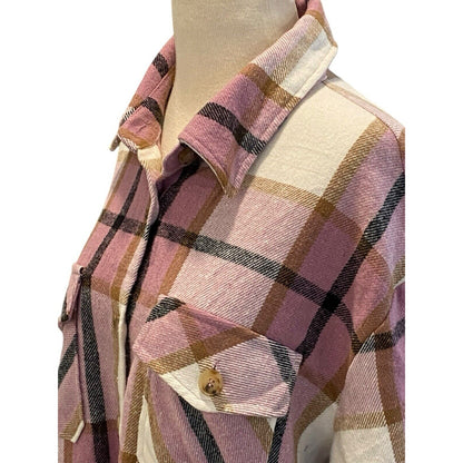 Size Large Jodifl Plaid Flannel Shacket Pink Brown Button Up Shirt Gorpcore
