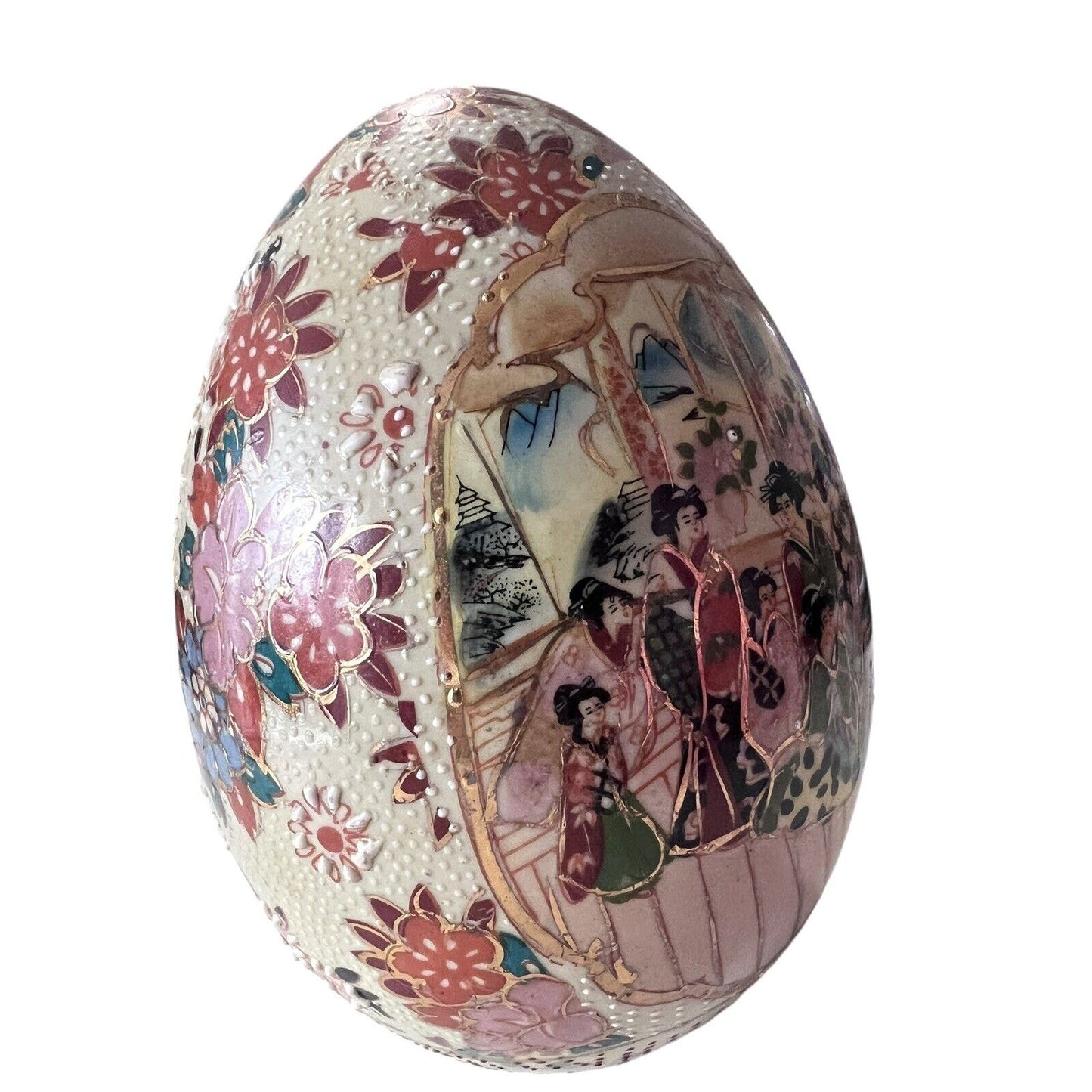VTG Japanese Porcelain Hand Painted Egg Geisha Flowers Oriental 6 3/4” Tall