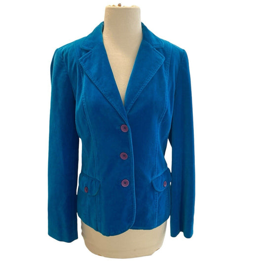 Size 6 Vintage 90s Liz Claiborne Teal Blue Velvet Blazer Jacket Bright
