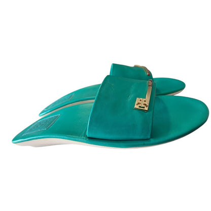 Tory Burch Ladies' Leather Slide Sandals Teal Green Slip-ons Slides Size 8.5