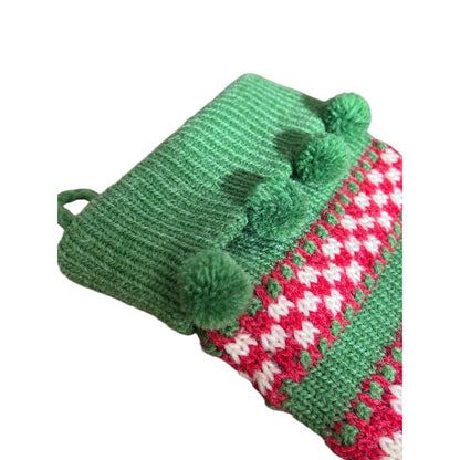 Vintage Nordic Christmas Stocking 19.5” Wool Knit Green Red Pom Poms EUC