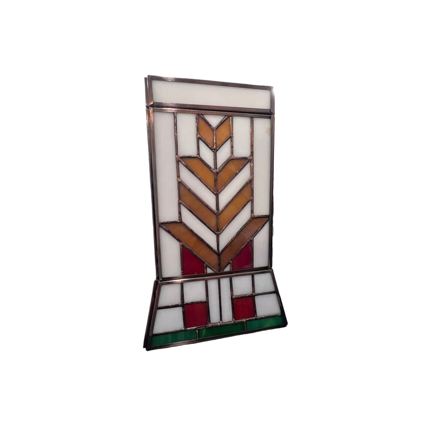 Tiffany-Style stained glass hurricane shade Brown Red White green arrow design