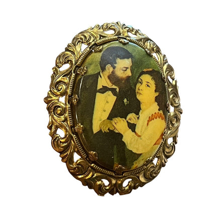 Vintage Signed Western Germany Lady Man Portrait Gold Tone Filigree Brooch