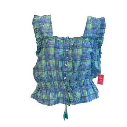 Size XXL Simply Southern Plaid Sleeveless Peplum Shirt Blue Green Cotton NWT