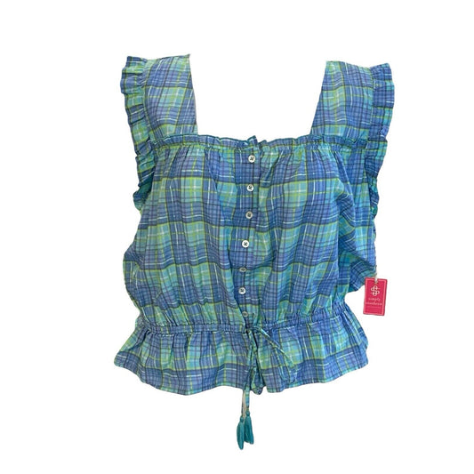 Size XXL Simply Southern Plaid Sleeveless Peplum Shirt Blue Green Cotton NWT