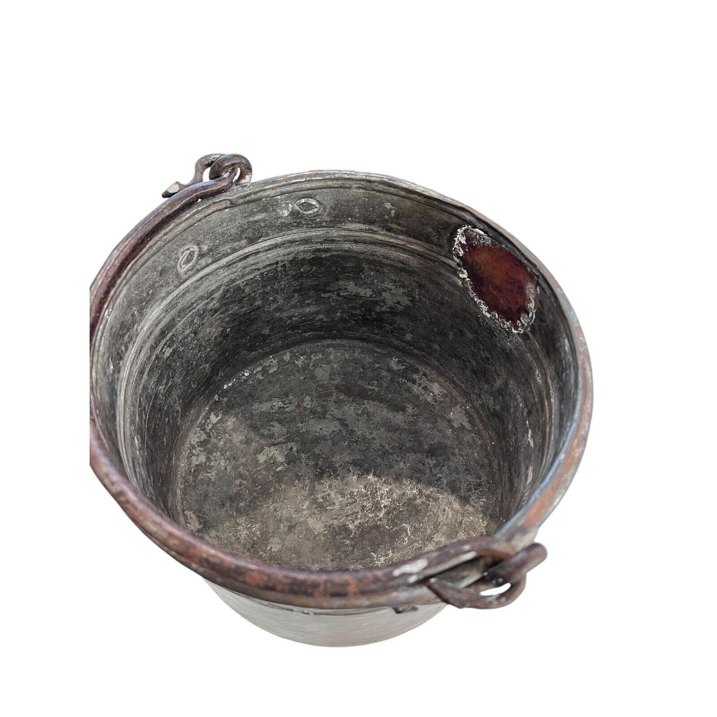 Primitive Copper Mixed Metal Hanging Pot Iron Handle Nice Gold Tone Design Trim