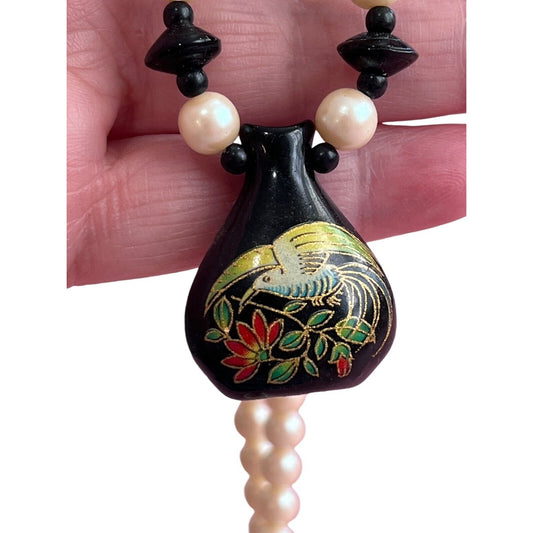 Faux Pearl Beads Black Painted Bird Floral Wood Pendant Strand Necklace Asian 29