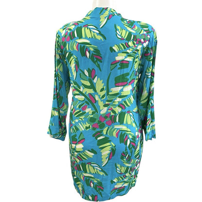 Escapada Living Tory Large Tunic Cover Up Top Aqua Blue Green Palm Tree NWT