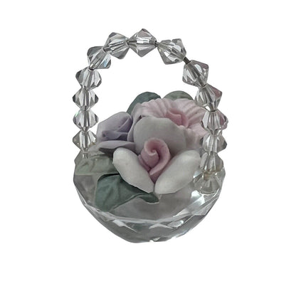 Miniature Crystal Basket Porcelain Roses Pink Purple Spring Easter