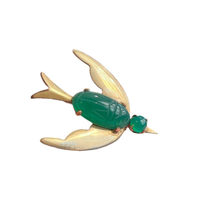 Vintage Wire 1/20 12K GF Jade Cabochon Filigree Bird Brooch Gold Tone