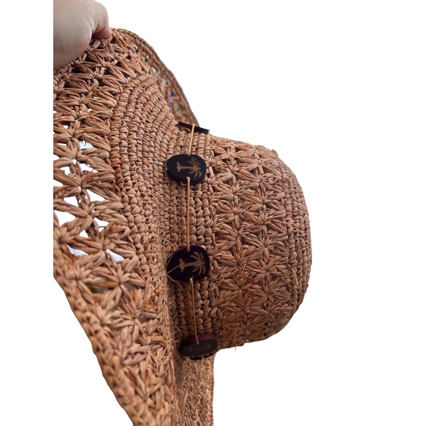 Women's Scala Crochet Straw Raffia 4" Brim Sun Floppy Hat Palmetto Tree Beads