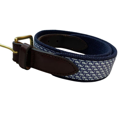 26 Vineyard Vines Whale Fabric Leather Belt Mens Classic Blue