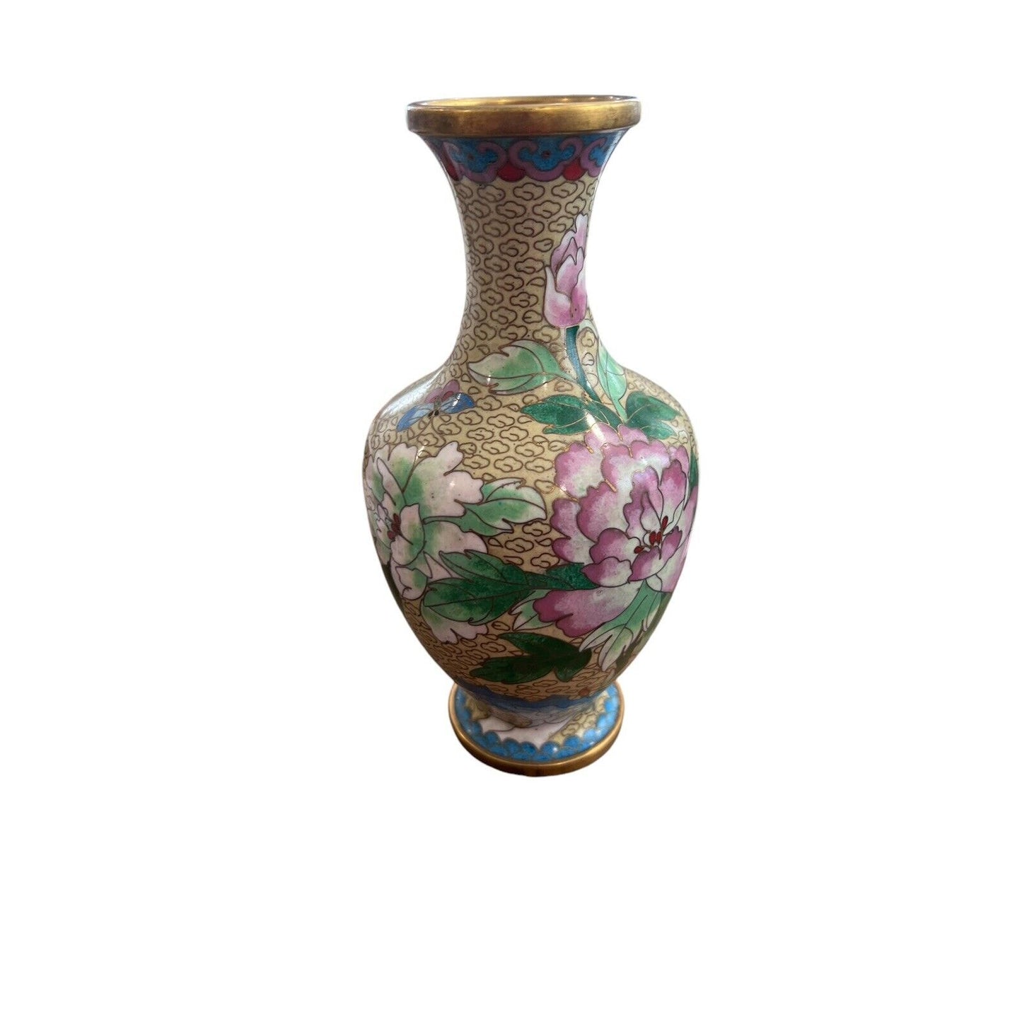 Vintage Chinese Cloisonné Butterfly Flower Motif Brass Vase Grand Millennial