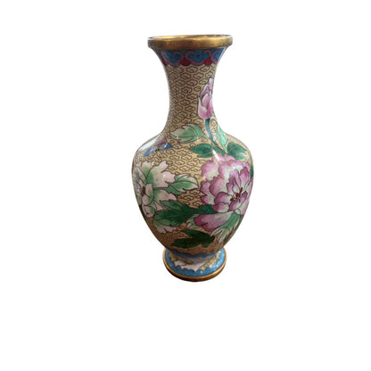 Vintage Chinese Cloisonné Butterfly Flower Motif Brass Vase Grand Millennial