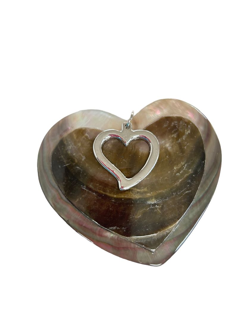 Heart Shaped Shell Silvertone Statement Pendant Brown 2.5"