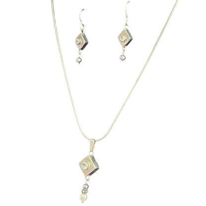 925 Sterling Silver CZ Pendant Necklace Dangle Earrings Set Faux Pearl
