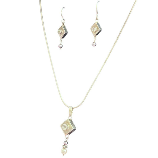 925 Sterling Silver CZ Pendant Necklace Dangle Earrings Set Faux Pearl