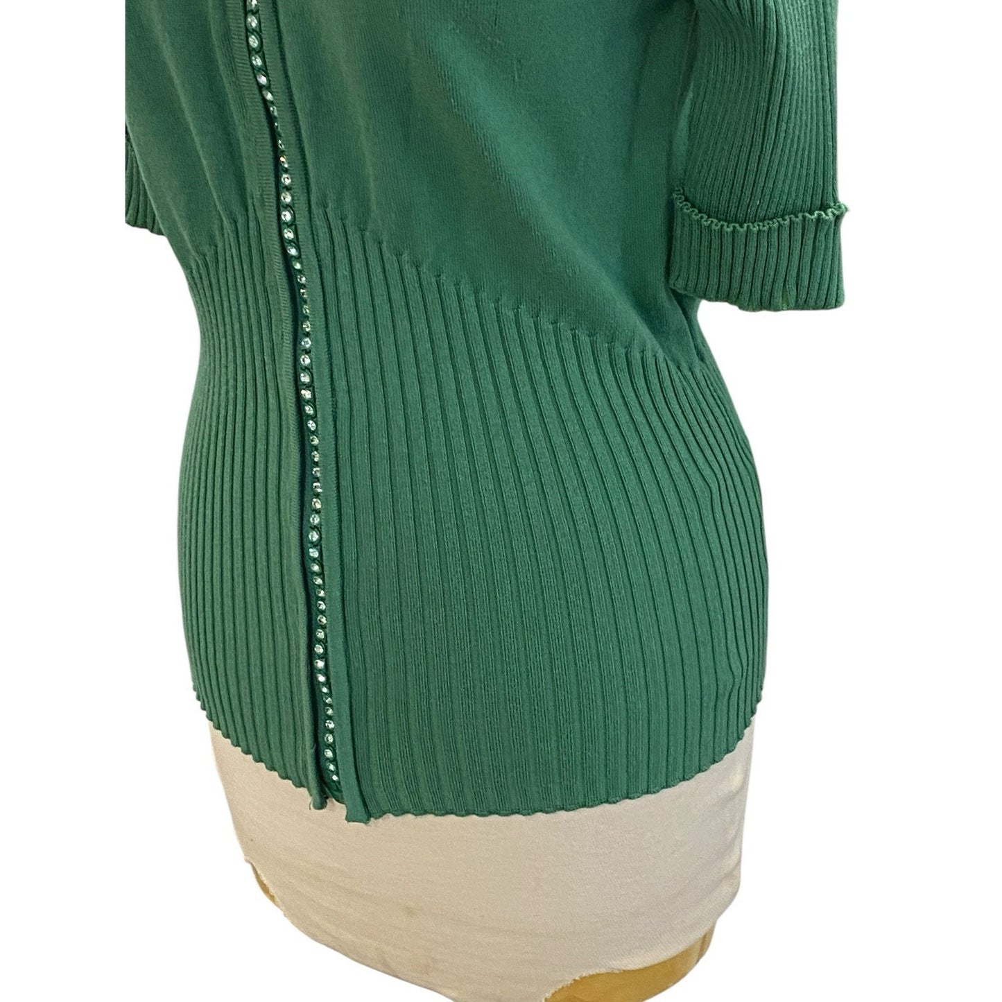 Size 2 Green ABC Fashion 3/4 Sleeve Sweater Rhinestone Bling Zipper Preppy Sassy