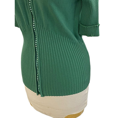 Size 2 Green ABC Fashion 3/4 Sleeve Sweater Rhinestone Bling Zipper Preppy Sassy