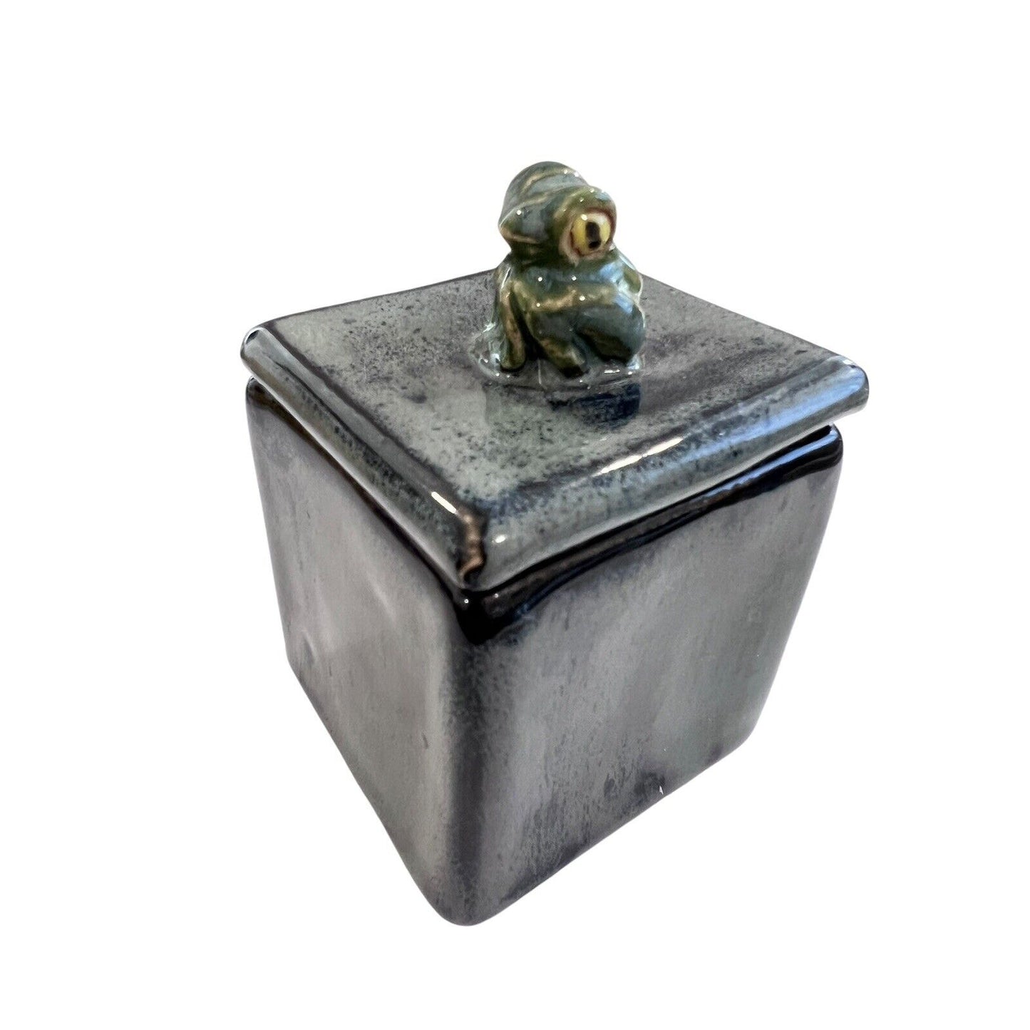 Art Studio Cube Shaped Pottery Trinket Box Glazed Frog Handmade Signed 2” X 2”