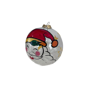 Handpainted Santa Claus Stars Ornament Christmas Holiday Clear Glass Ball Signed