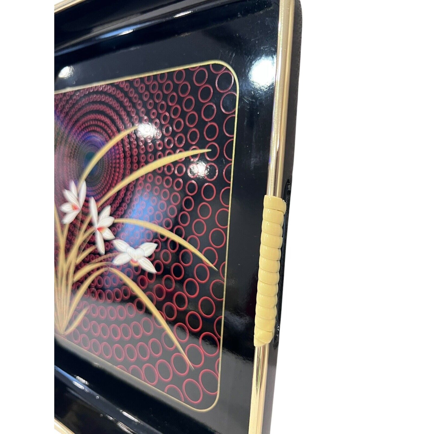 Japanese Black Lacquer Tray "Grand Iris" Gold Rim Wrapped Handles EUC Vintage