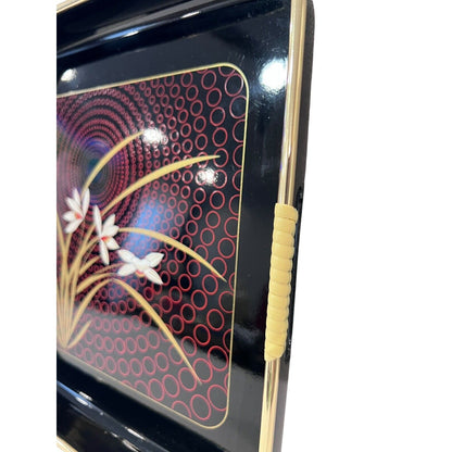 Japanese Black Lacquer Tray "Grand Iris" Gold Rim Wrapped Handles EUC Vintage