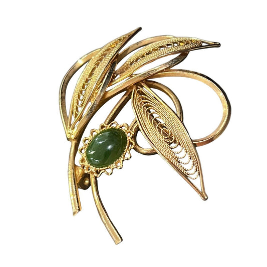 Vintage Nephrite Jade Cabochons Brooch Pin Gold Tone Filigree Leaves Beautiful