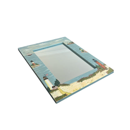 Hand Painted Wall Mirror Light House Wood Blue Handpainted Vintage 14” X 11”