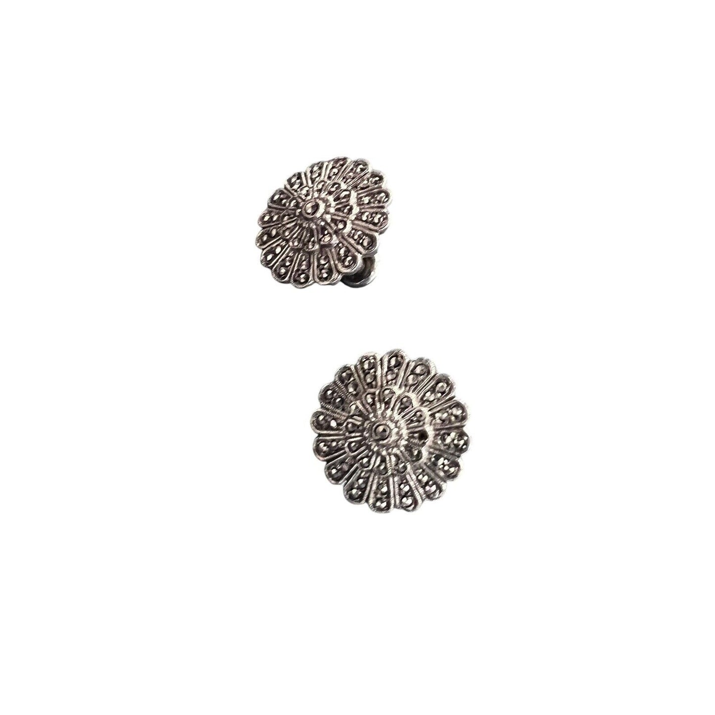 Sterling Silver Round Marcasite Flower Clip On Earrings 3/4”