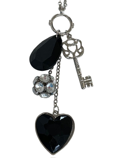 Silvertone Charm Necklace Black Charms Key Heart 28" Lobster Clasp