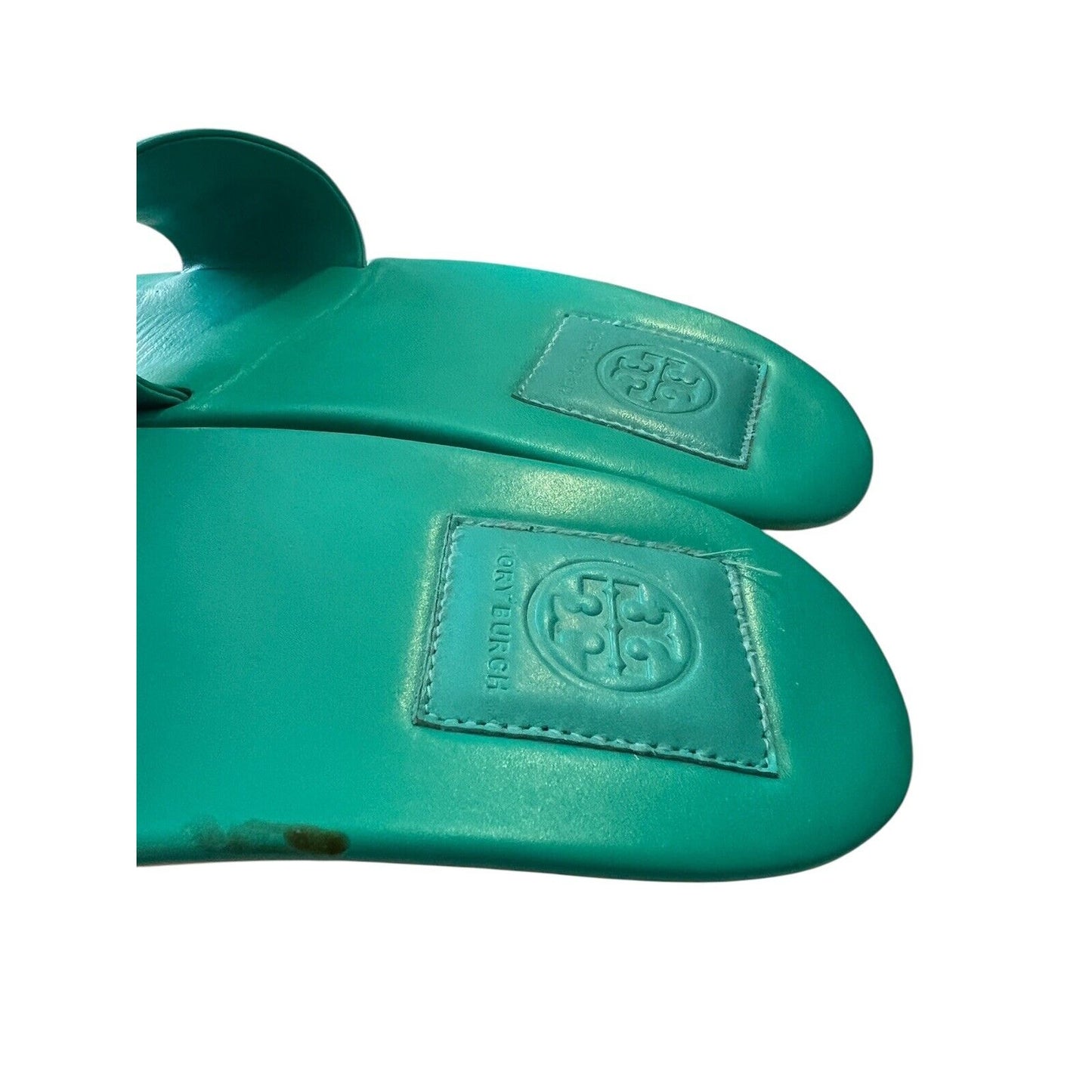 Tory Burch Ladies' Leather Slide Sandals Teal Green Slip-ons Slides Size 8.5