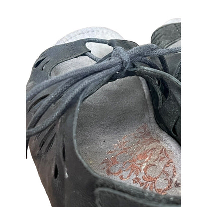 AETREX Women's Giselle Black Leather Lace Up Wedge Sandals Cut Outs Sz 10/41